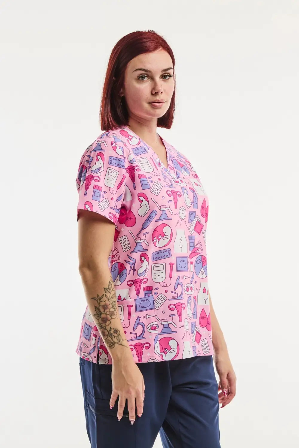 Aelin Paris Tunique Médicale Stretch Femme Rose Imprimé Gynécologue