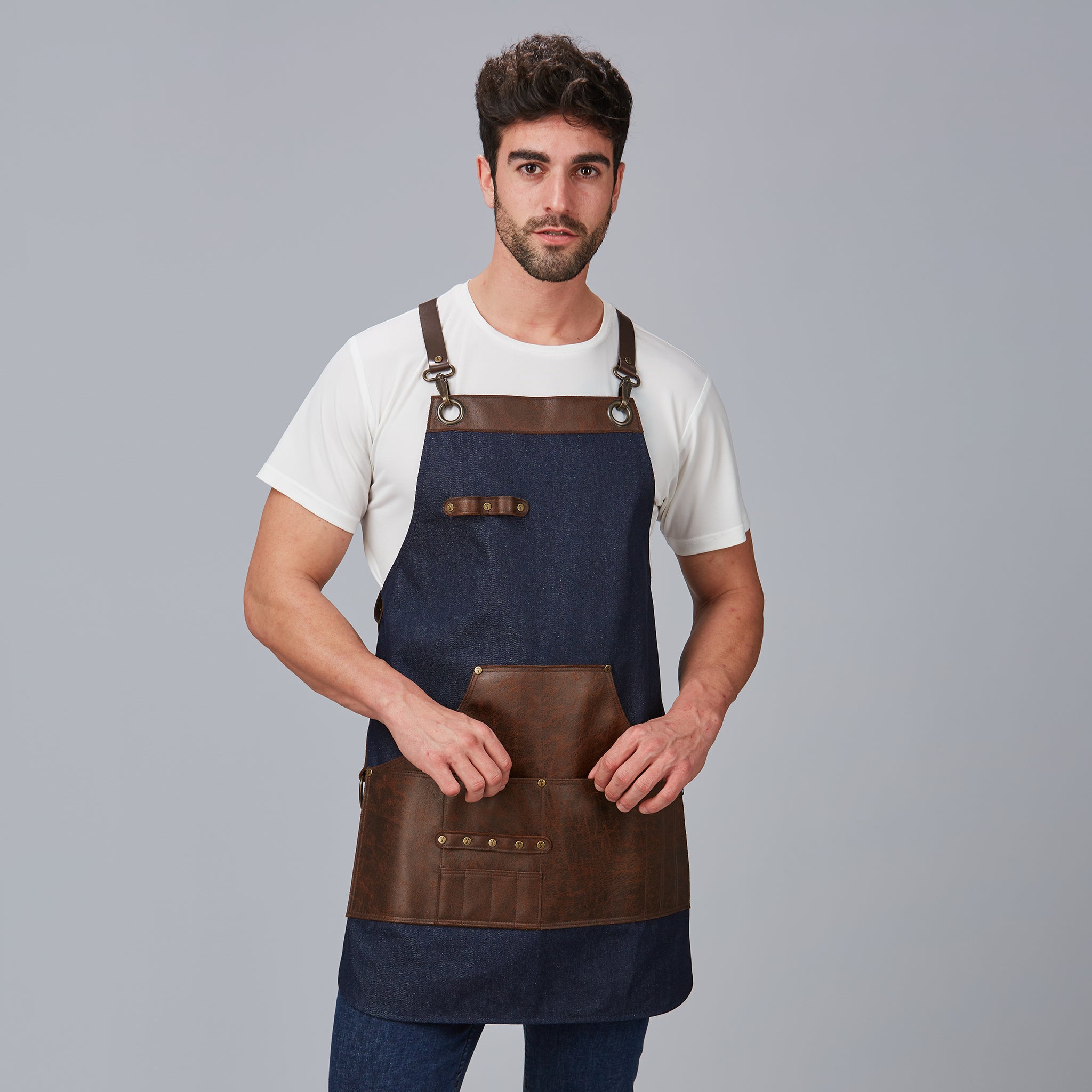 GARY'S tablier bavette denim cuir marine 73x68 cm
