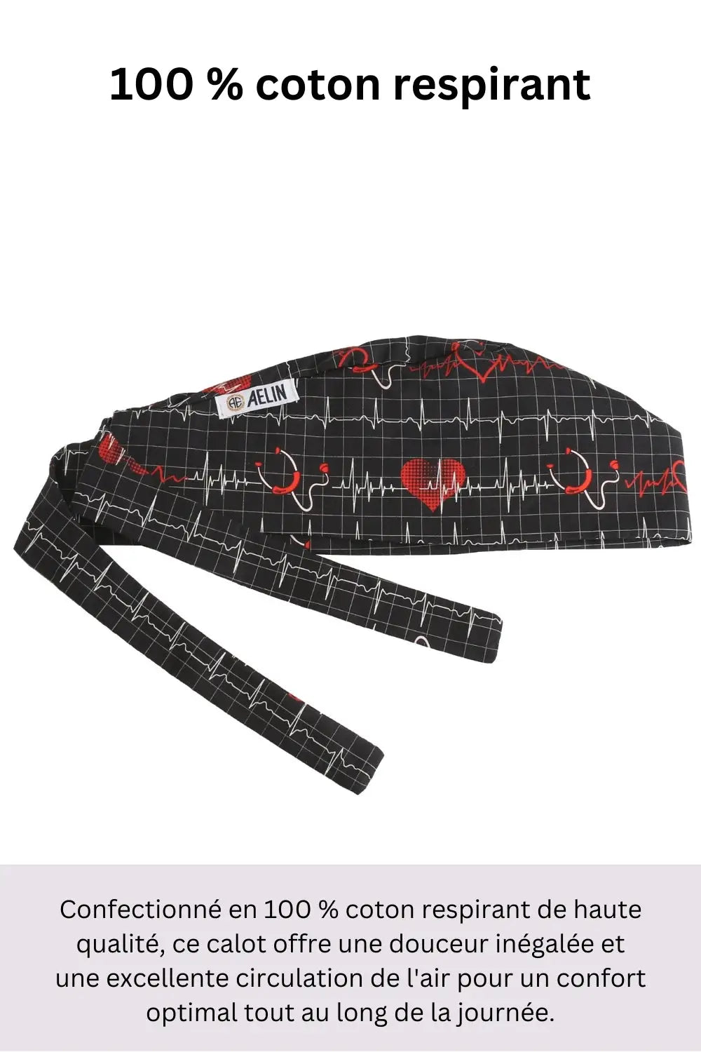 Aelin Paris Calot Médical Coton Noir Floral Gris Court